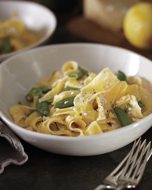 Pappardelle with leeks, sugar snap peas, and lemon