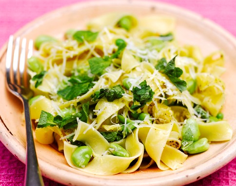 Pappardelle with peas, broad beans & pecorino