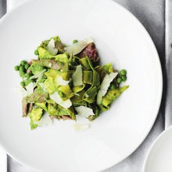 Pappardelle with pulled pork, spring peas and watercress