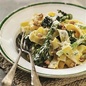 Pappardelle with purple sprouting broccoli, Dolcelatte and walnuts