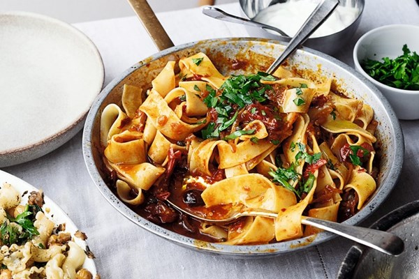  Pappardelle with rose harissa, black olives and capers