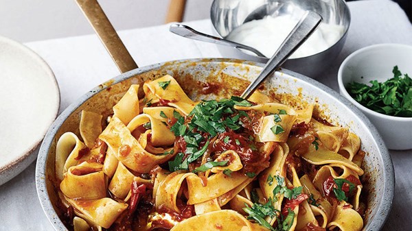 Pappardelle with rose harissa, black olives, and capers