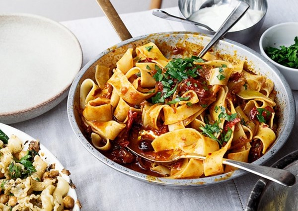 Pappardelle with rose harissa, black olives and capers 