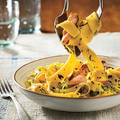Pappardelle with salmon and leeks