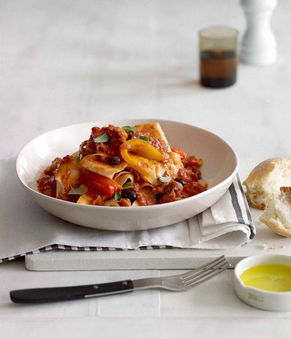 Pappardelle with salsiccia, roast pepper ragù and wild olives [Nicky Reimer]