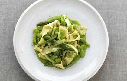 Pappardelle with shaved asparagus, broad beans, marjoram and pea purée