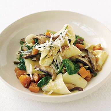 Pappardelle with squash, mushrooms, and spinach