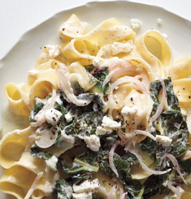 Pappardelle with Swiss chard, onions, and goat cheese