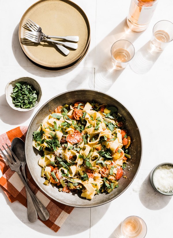 Pappardelle with tomato and pole bean ragout, basil and sheep milk cheese
