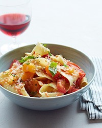 Pappardelle with tomatoes, almonds, and Parmesan