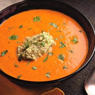 Paprika & red pepper soup with pistachio puree