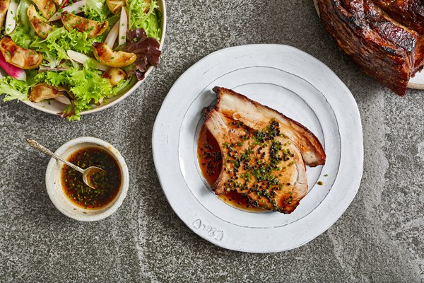 Paprika and honey glazed pork loin with apple and radish salad