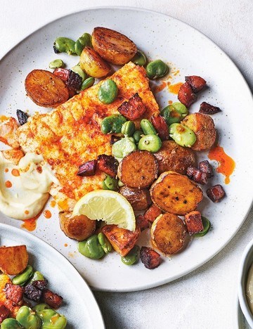 Paprika-crusted hake with chorizo, broad beans and potatoes