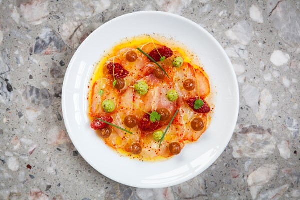 Paprika-cured monkfish with avocado, date and tomato