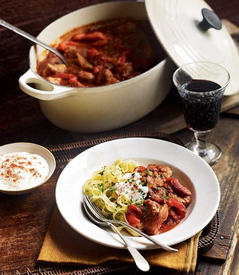 Paprika pork goulash and parsley butter noodles