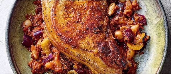Paprika pork with smoky Boston beans