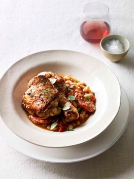 Paprika roast chicken with chorizo and white beans