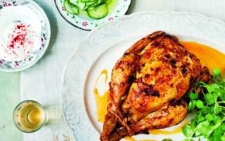 Paprika roast chicken with potatoes, pickled cucumber and soured cream