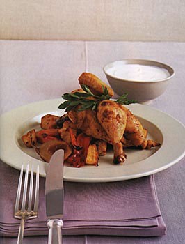 Paprika-roasted Cornish hens and vegetables