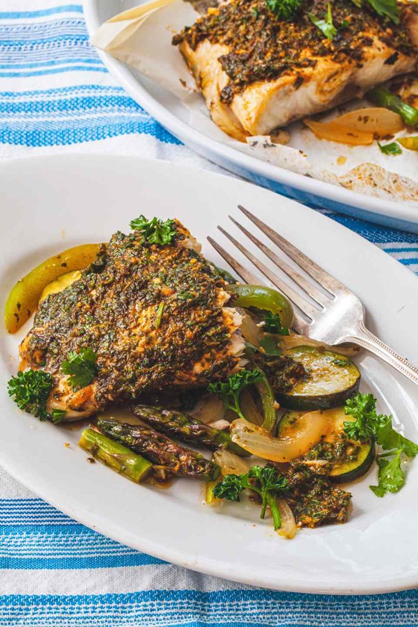 Parchment baked fish and vegetables with chermoula