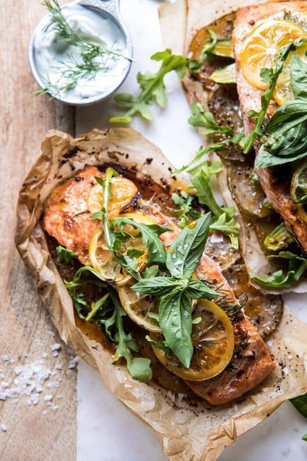 Parchment baked lemon salmon and potatoes with dill yogurt
