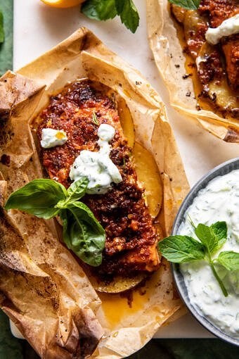 Parchment baked roasted red pepper salmon