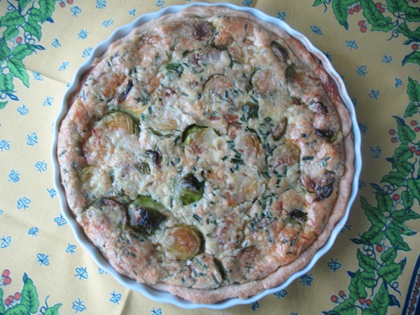 Parisian breakfast: quiche with Brussels sprouts, shallots, and dill