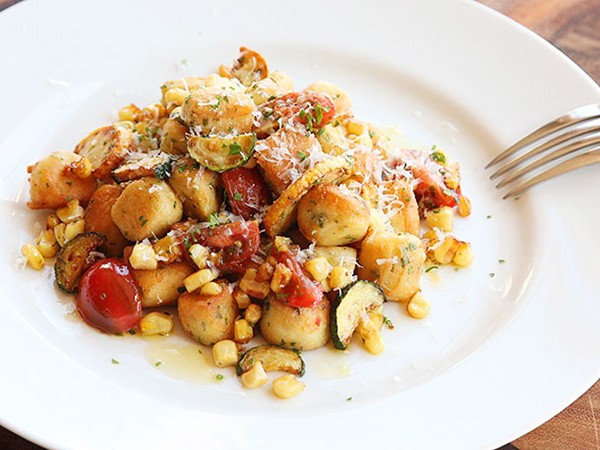 Parisian gnocchi with roasted cherry tomatoes, corn, and zucchini