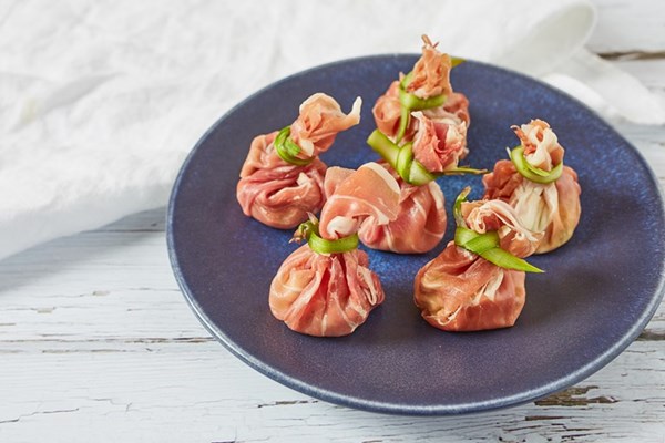  Parma ham parcels with asparagus and peas
