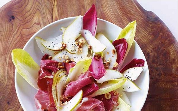 Parma ham, pear and chicory salad