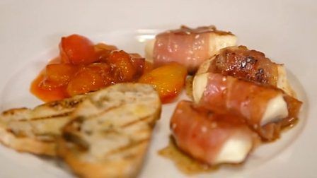Parma ham-wrapped mozzarella with plum chutney