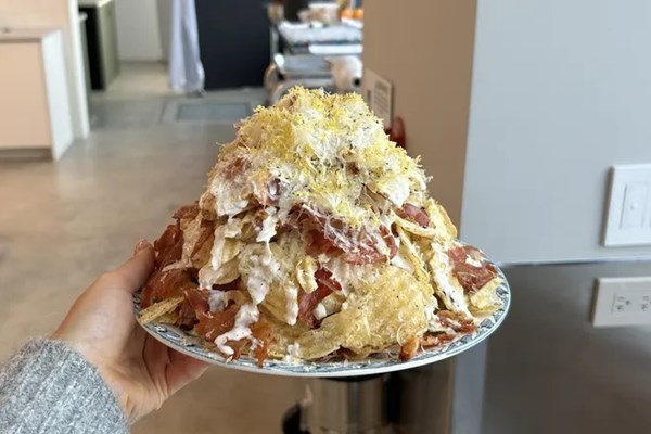 Parmesan and crispy prosciutto potato chip tower