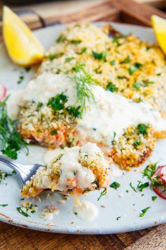 Parmesan and herb crusted salmon with lemon cream sauce