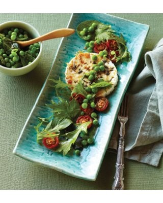Parmesan baked ricotta with chilli roast tomatoes and peas