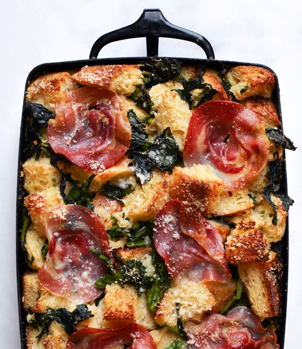 Parmesan bread pudding with broccoli rabe and pancetta