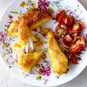 Parmesan chicken goujons with thyme tomatoes