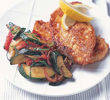Parmesan chicken with lemon courgettes