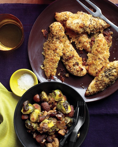 Parmesan chicken with mushrooms and Brussels sprouts