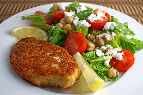 Parmesan chicken with salad