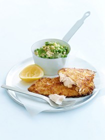 Parmesan-crumbed fish with crushed pea risoni