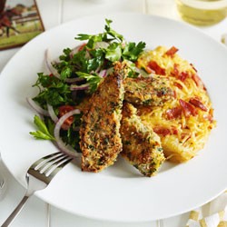 Parmesan-crumbed lamb's fry with pancetta rosti and parsley salad
