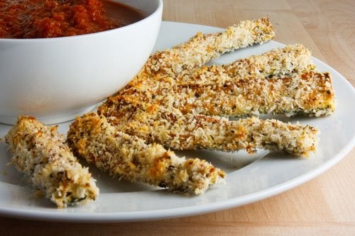 Parmesan crusted baked zucchini sticks with marinara sauce