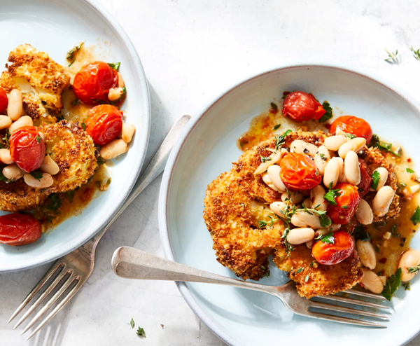 Parmesan-crusted cauliflower with white beans & tomatoes