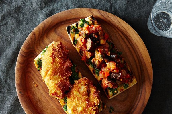 Parmesan-crusted chicken, caponata, and pesto sandwich