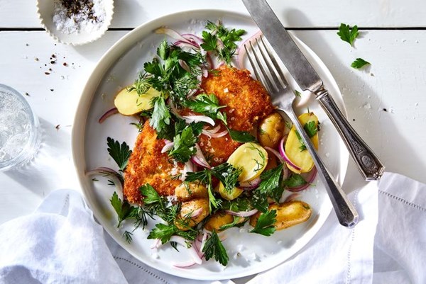 Parmesan-crusted chicken with herby potatoes