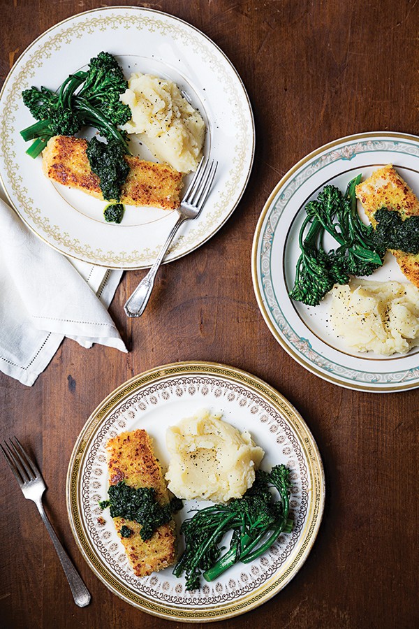 Parmesan-crusted halibut with broccoli rabe and mashed potatoes