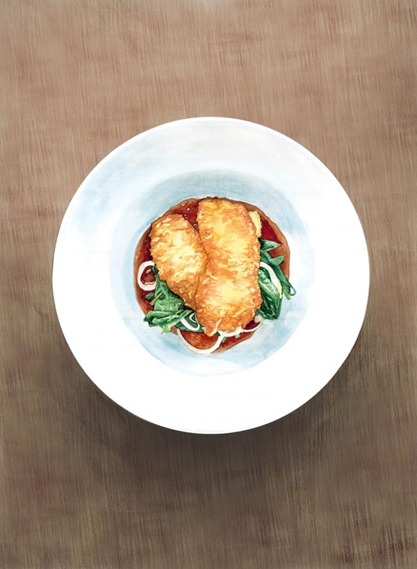 Parmesan-crusted lamb's liver with Gorgonzola-dressed baby spinach
