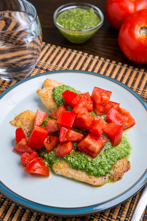 Parmesan crusted pesto tilapia bruschetta