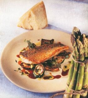 Parmesan-crusted sea bass with thyme-grilled vegetables