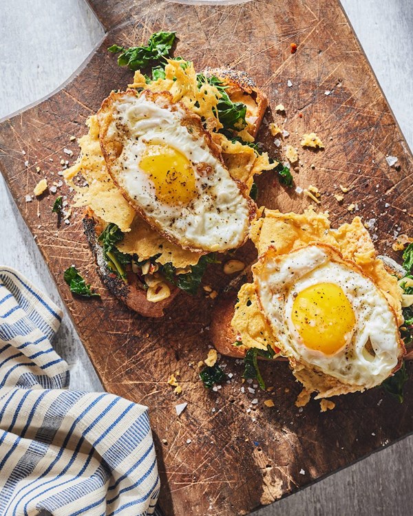 Parmesan frico eggs with greens